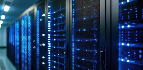 Rows of modern server racks glowing with blue LED lights in a secure data center environment, symbolizing digital infrastructure, networking, storage, and advanced IT systems