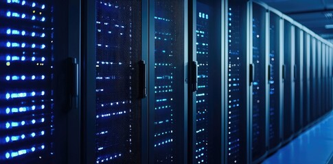 Long row of modern server cabinets with glowing blue indicators in a secure data center, showcasing cloud computing, digital infrastructure, data storage, and network technology