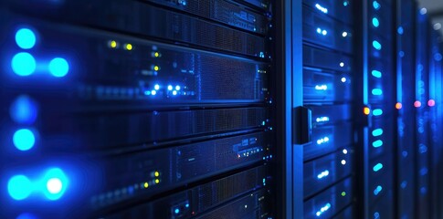 Close-up view of modern server racks with glowing blue and red LED indicators in a data center, representing advanced technology, cloud computing, and digital infrastructure systems