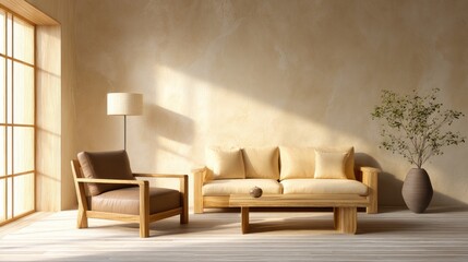 Sunlit minimalist living room with wooden furniture, soft beige sofa, leather armchair, floor lamp, potted plant, and textured wall creating a serene and natural home interior ambiance