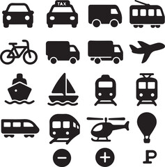 Transportation and Travel Solid Icon Set isolated on white background