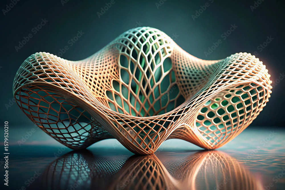 Poster a unique abstract sculpture with interwoven patterns and teal reflections creating an eye catching d