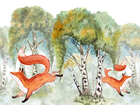 Russian Forest Decorative Seamless Border with jumping foxes and birch trees on background. Handpainted Watercolor Inspired by Nature, Slavic Folklore Fairytale