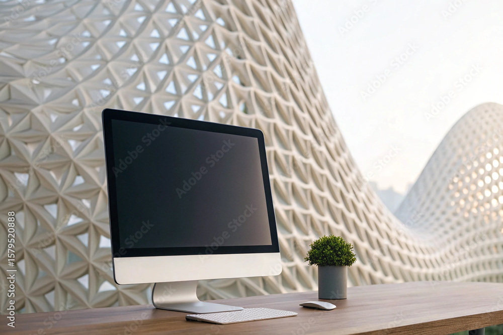 Aufkleber modern workspace features a desktop computer with an inspiring architectural backdrop, offering a vi