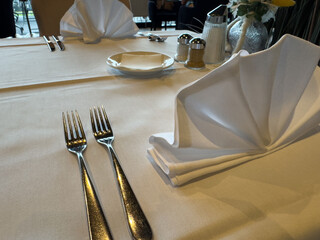 Elegant restaurant table setting with napkin art and silverware on white tablecloth