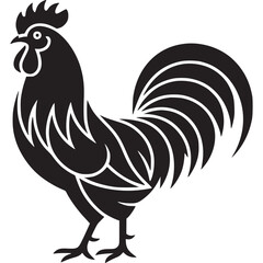 A stylized black rooster with white accents standing against a light gray background in profile view on transparent background