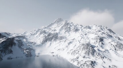 Obraz premium Snowy mountain range with a tranquil lake.