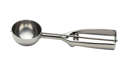 A close up shot showcasing a shiny metal ice cream scoop against a stark black background image detail