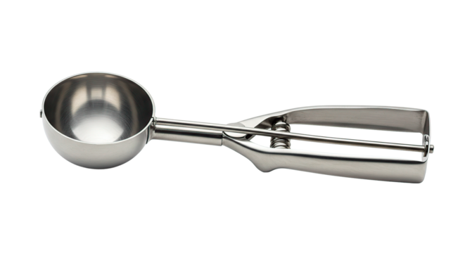 A close up shot showcasing a shiny metal ice cream scoop against a stark black background image detail