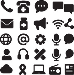 Communication, Support & Connectivity Solid Icon Set isolated on white background