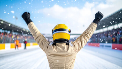 Fototapeta premium Victorious racer celebrating win with arms raised on snowy winter day.