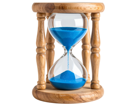 A wooden hourglass with blue sand, isolated on a transparent background. This is a PN