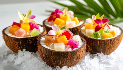 Filling Coconut Jelly Shells with Fruit Cubes. Traditional Vietnamese Dessert