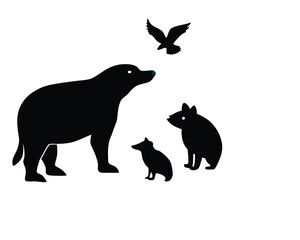 Bear with Cub and Bird Silhouette – Wildlife Animal Vector Scene 
