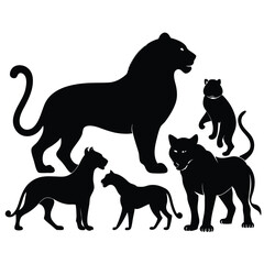 Lion Family Silhouette Vector – Wild Cat and Cubs Illustration on White Background