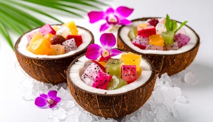 Filling Coconut Jelly Shells with Fruit Cubes. Traditional Vietnamese Dessert