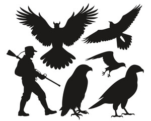 Hunter with Birds Silhouette – Forest Hunting Scene Vector on White 