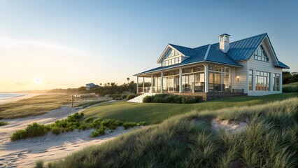Stunning modern beach house with expansive glass windows and a blue metal roof nestled on a grassy dune overlooking the ocean at sunset