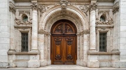 Fototapeta premium Intricate wooden doors set within a stunning stone archway, showcasing ornate architectural details and craftsmanship.