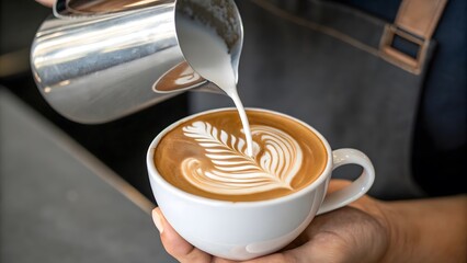 Close up of a barista pouring steamed milk into a white cup of coffee creating intricate latte art with a fern leaf pattern