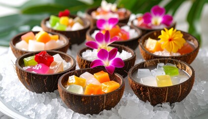 Filling Coconut Jelly Shells with Fruit Cubes. Traditional Vietnamese Dessert