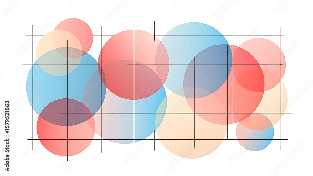 Poster abstract circles composition, transparent colorful overlapping shapes with grid pattern, creative ge