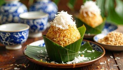 Sticky Rice with Mung Bean and Coconut Milk Xôi Vò. Traditional Vietnamese Dessert