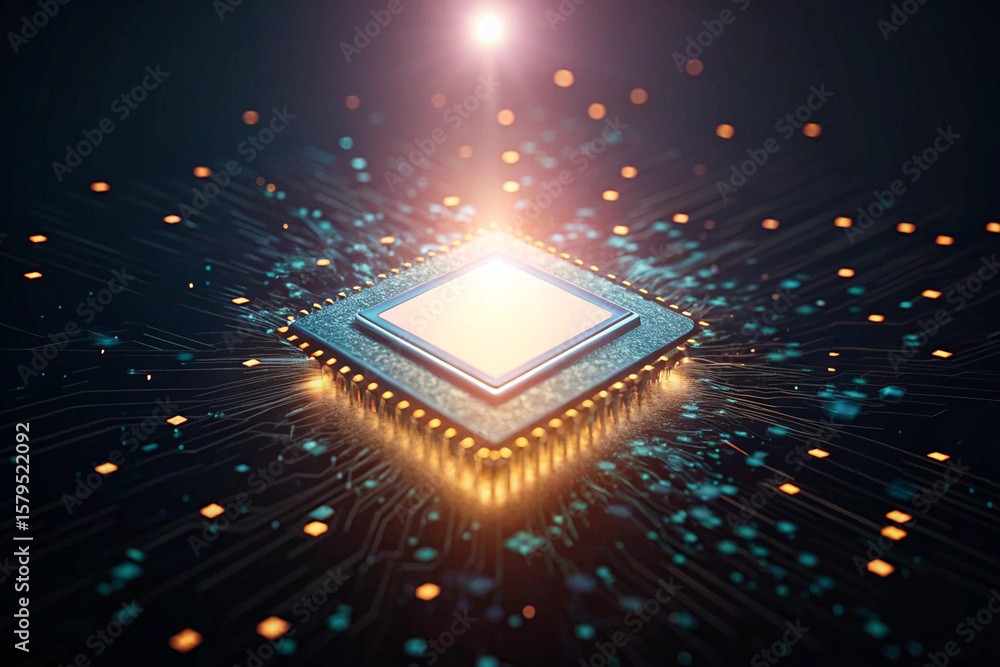 Poster glowing central processing unit on a circuit board symbolizes innovation, technology, and data trans