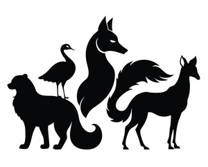 Forest Wildlife Silhouette Set – Crane, Fox, Rabbit and Trees Vector on White