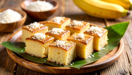 Warm Steamed Banana Cake with Coconut Sauce Bánh Chuối Hấp. Traditional Vietnamese Dessert