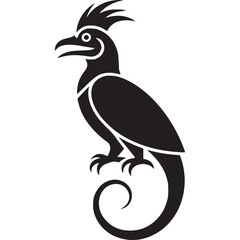 A black and white illustration of a bird with a crest and a curled tail on a light background on transparent background