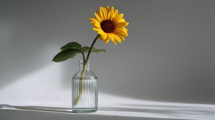 Single sunflower in a glass vase. the vase is made of clear glass and has a narrow neck. the sunflower has bright yellow petals with dark brown centers and green leaves.