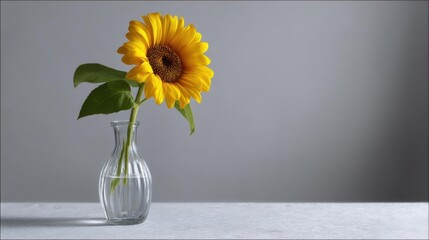 Photograph of a single sunflower in a glass vase. the sunflower is in full bloom with bright yellow petals and dark brown centers.