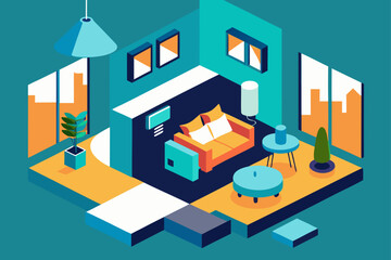 Modern Isometric Smart Home Interior Design Cozy Living Room Illustration