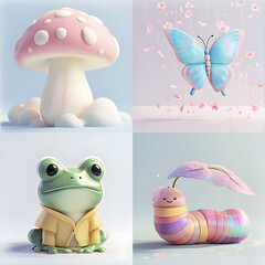 frog, butterfly, caterpillar and mushroom icon on abstract background, rainy season, graphic design illustration wallpaper 