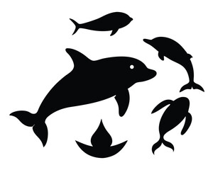 Dolphin and Fish Silhouettes Pack | Ocean Wildlife Marine Icons
