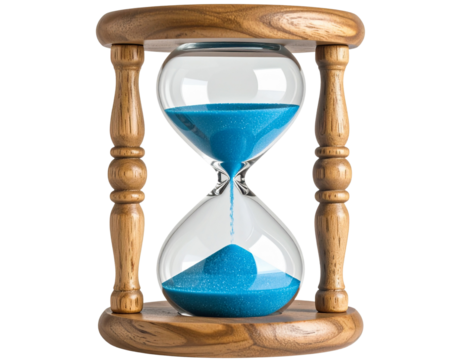 A wooden hourglass with blue sand, isolated on a transparent background. This is a PN