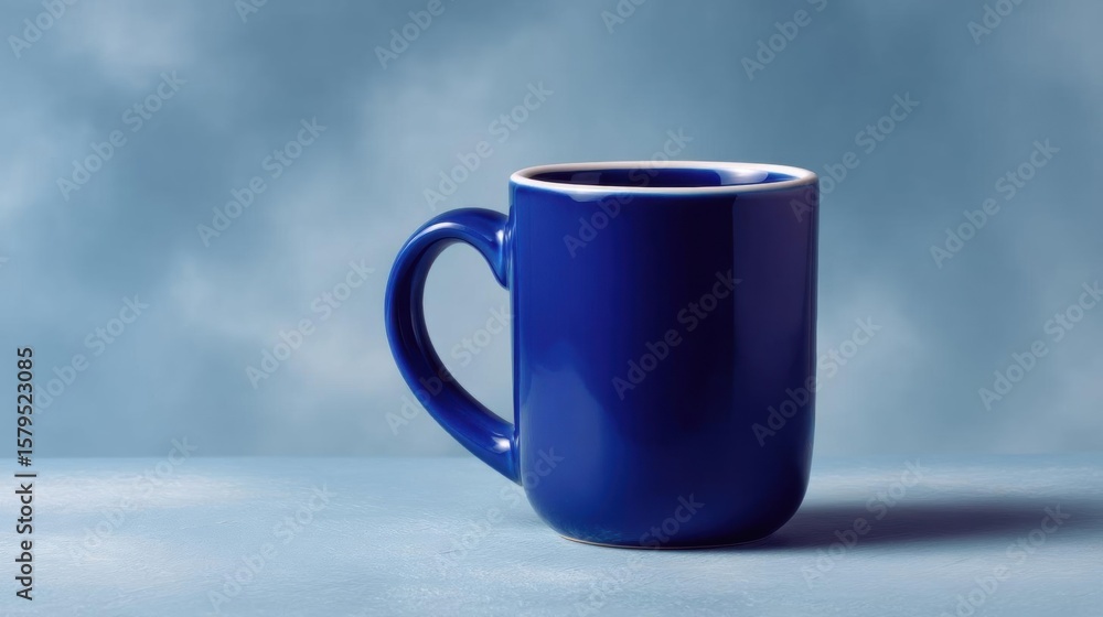 Poster close-up of a blue ceramic mug with a handle on the right side. the mug is empty and is placed on a 