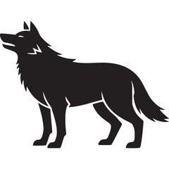 A black silhouette of a wolf standing and howling against a plain white background illustration on transparent background