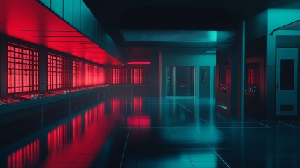 Fototapeta premium Spaceship interior. View on open space or planet. Futuristic sci-fi laboratory or corridor with neon light.