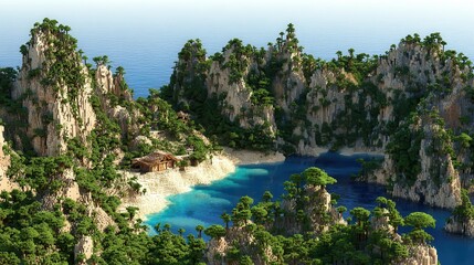 Lush island paradise with a secluded beach.