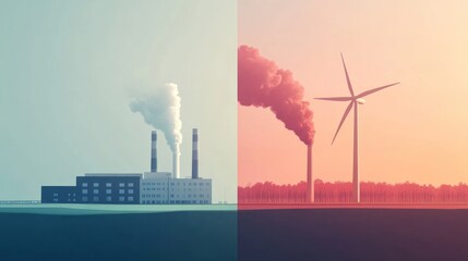 Obraz premium Clean vs Dirty Energy: Juxtaposition of Wind Turbine and Factory Emissions.