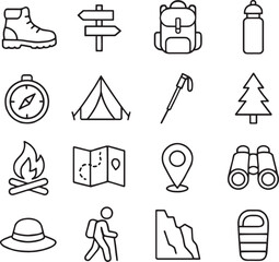 Minimalist Hiking Line Icons Set – Vector Outdoor Adventure Symbols Pack