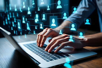 Person typing on laptop with glowing blue network connections and user icons keyboard hands