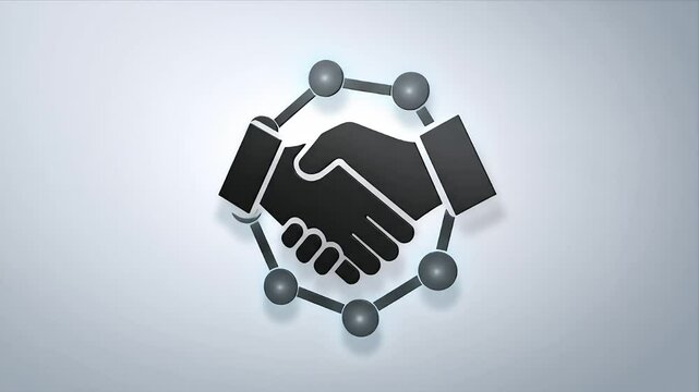 A stylized handshake graphic with a network shape on a light background
