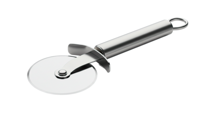 A shiny metal pizza cutter with a wheel blade and a tubular handle on a black background surface