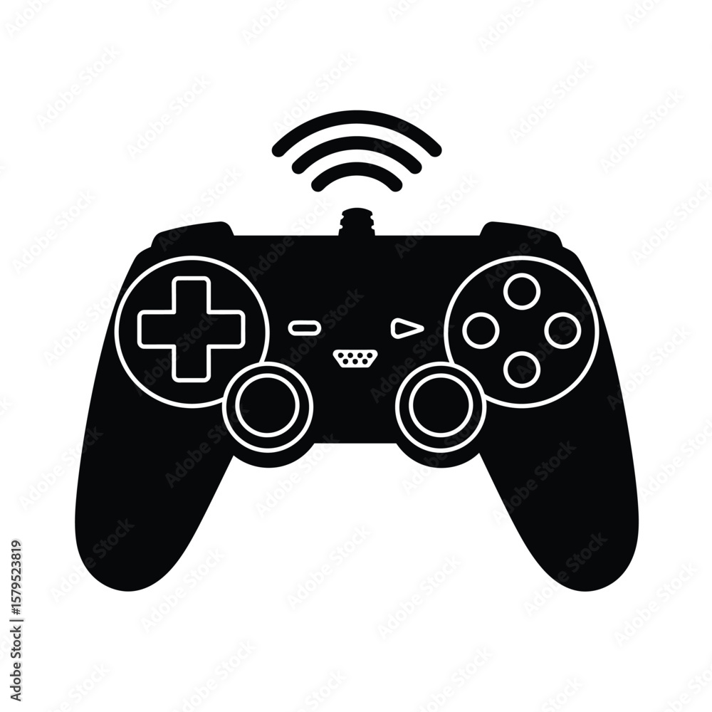 Poster black wireless gamepad icon with signal waves controller