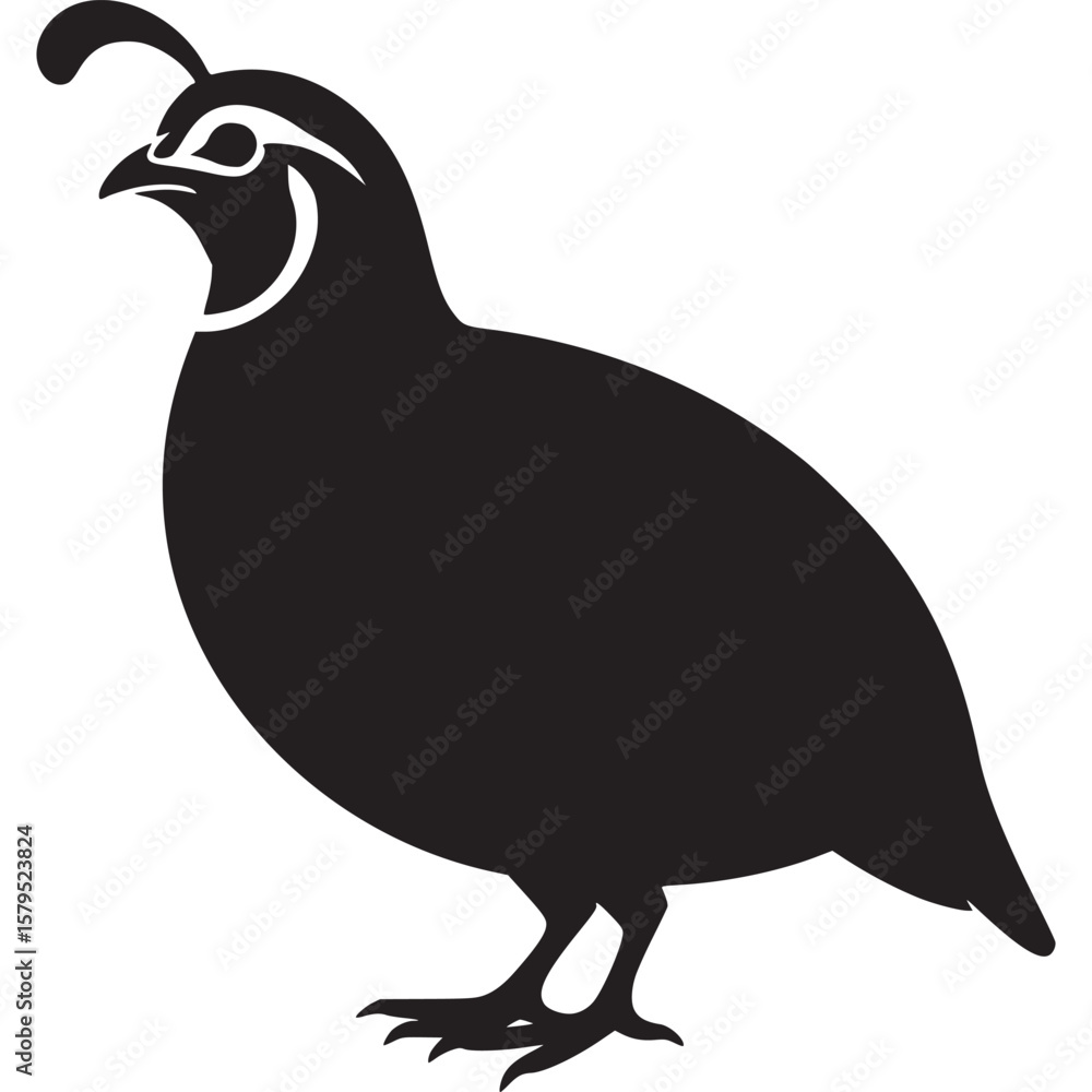 Poster silhouette illustration of a quail bird standing with its head up and a distinctive crest on its hea