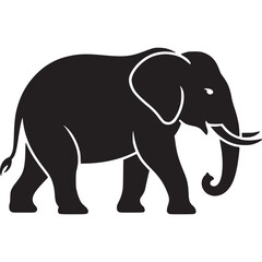 A black silhouette of an elephant walking with its trunk curled on a white background illustration on transparent background