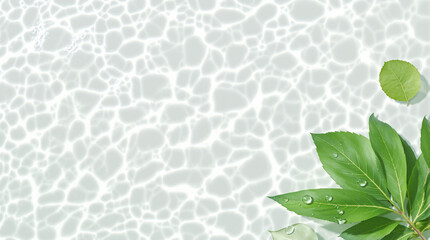 Green leaves on white water surface. Clear transparent white water ripple texture background with natural green leaf. Summer creative layout with copy space for cosmetic product presentation